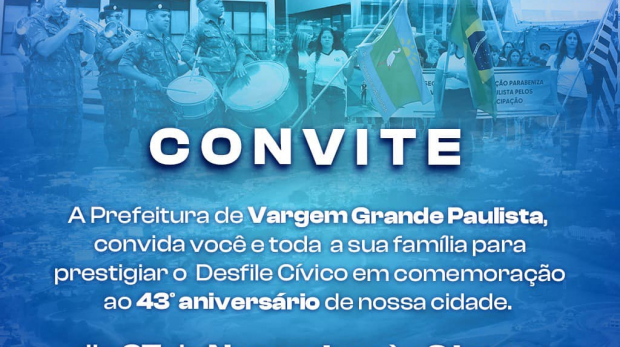 Convite: Aniversário da Cidade de Vargem Grande Paulista. Arte: Redes Sociais/Reprodução