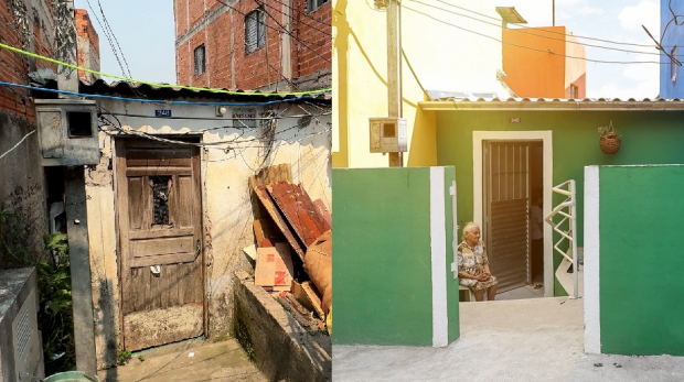 À esquerda, como era a casa da família de Maria do Socorro; à direita, como ficou depois da reforma. É uma das 5,6 mil famílias em todo o estado de São Paulo que tiveram a casa restaurada nos últimos dois anos pelo programa. Fotos: Divulgação/Governo SP.