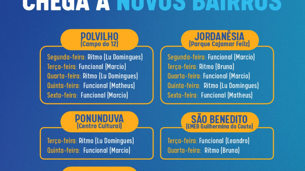 Movimenta Cajamar – Edição Verão: Aulas Gratuitas de Ritmos e Funcional Chegam a Novos Bairros. Arte: Prefeitura de Cajamar (Redes Sociais/Reprodução)