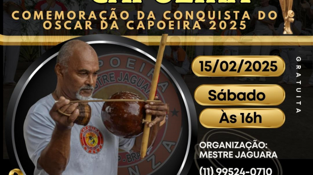 Mestre Jaguara de Cotia Conquista Estatueta no Oscar da Capoeira 2025 e Celebra com Roda de Capoeira. Arte: Prefeitura de Cotia