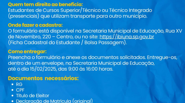 Com o cadastro você já pode tá recebendo o benefício de auxílio universitário oferecido pela Prefeitura de Ibiúna. Arte: Prefeitura de Ibiúna