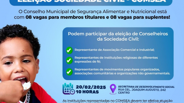 A eleição será realizada no dia 20 de fevereiro, às 10h, na Secretaria de Desenvolvimento Social. Arte: Prefeitura de Araçariguama