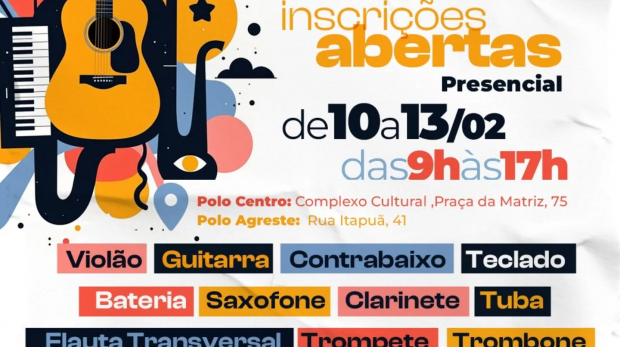 A Prefeitura, por meio da Secretaria de Cultura, Eventos e Juventude, abriu inscrições para a Escola de Música, destinada a pessoas a partir de 10 anos que desejam aprender a tocar um instrumento. Arte: Prefeitura de Vargem Grande Paulista (VGP)