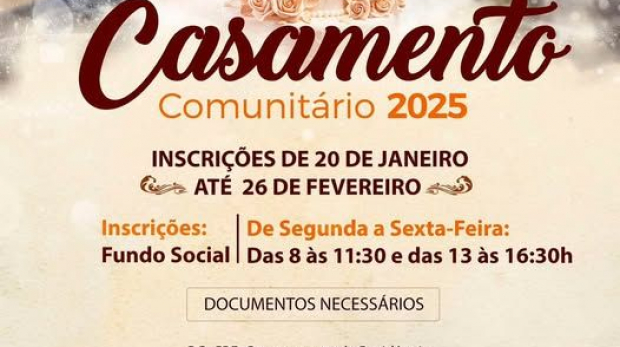 Fundo Social recebe inscrições para o Casamento Comunitário 2025, com atendimento de segunda a sexta-feira Arte: Prefeitura de Araçariguama (Redes Sociais/Reprodução)