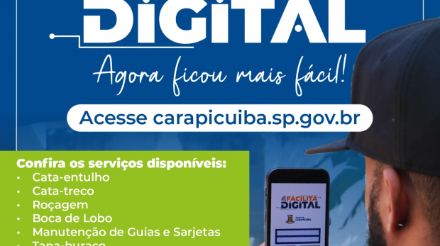 A Secretaria de Obras de Carapicuíba agora tem todos os seus serviços disponíveis no Facilita Digital. Visite-nos ou faça sua solicitação online - Arte: Prefeitura de Carapicuíba (Redes Sociais/Reprodução)