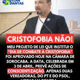 A Câmara de Vereadores de Sorocaba aprovou, nesta quinta-feira (20), o Projeto de Lei que institui o dia 3 de abril como o "Dia de Combate ao Preconceito Contra Cristãos".  Foto: Câmara de Sorocaba (Redes Sociais/Reprodução)