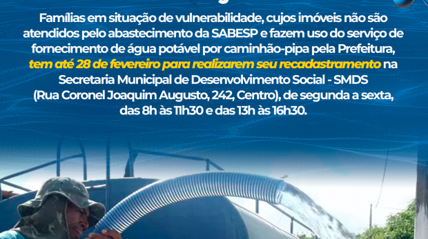 A água potável chegou! Garanta seu acesso ao serviço de caminhão-pipa, mas não se esqueça de realizar o recadastramento até o prazo final. Arte: Prefeitura de Araçariguama