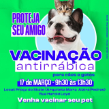 Chegou a hora de cuidar da saúde do seu amigo de quatro patas! A vacinação antirrábica gratuita será no dia 17 de março, das 9h30 às 13h30, na Praça do Skate. Marque no calendário e traga seu pet! Arte: Prefeitura de Vargem Grande Paulista (Redes Sociais/Reprodução)