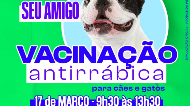 Chegou a hora de cuidar da saúde do seu amigo de quatro patas! A vacinação antirrábica gratuita será no dia 17 de março, das 9h30 às 13h30, na Praça do Skate. Marque no calendário e traga seu pet! Arte: Prefeitura de Vargem Grande Paulista (Redes Sociais/Reprodução)