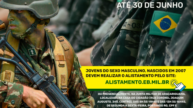 Jovens de Araçariguama devem realizar o alistamento militar obrigatório até o dia 30 de junho de 2025. Arte: Prefeitura de Araçariguama (Redes Sociais/Reprodução)