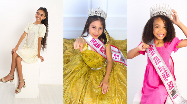 Concurso Pequena Miss Brasil 2025. Branco - Isabela, Alícia -Amarelo, Polyana - rosa