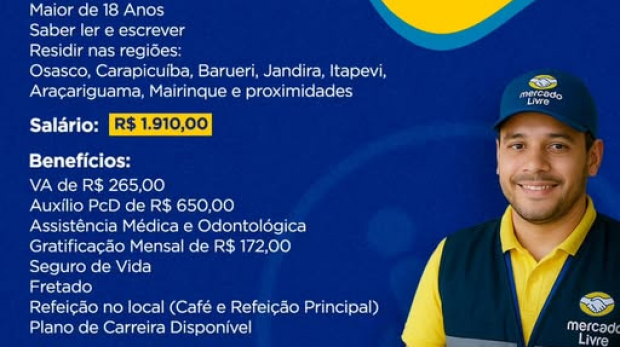 Vagas no Mercado Livre oferecem salário competitivo e plano de carreira para profissionais PcD. Arte: Prefeitura de Osasco (Facebook/Reprodução)
