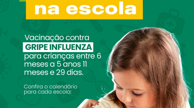 Crianças recebendo a vacina contra Influenza com o apoio das equipes do Programa Saúde na Escola.