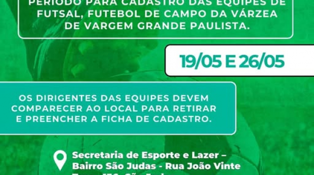 Cadastro servirá de base para os campeonatos municipais do segundo semestre, reforçando a reestruturação do esporte em Vargem Grande Paulista. Arte: Prefeitura de  Vargem Grande Paulista - VGP (Redes Sociais/Reprodução)