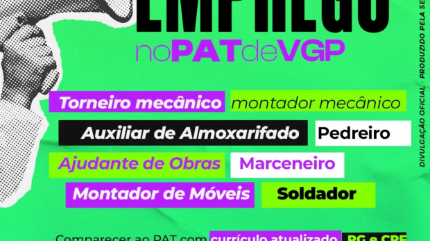 Trabalhadores comparecem ao PAT em busca de recolocação profissional. Oportunidades são atualizadas semanalmente. Arte: Prefeitura de Vargem Grande Paulista - VGP (Redes Sociais/Reprodução)