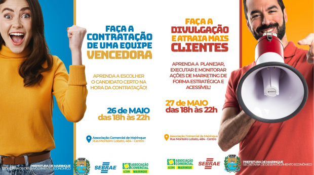 Oficinas gratuitas fortalecem o empreendedorismo local com dicas práticas de marketing e liderança. Arte: Prefeitura de Mairinque (Redes Sociais/Reprodução)