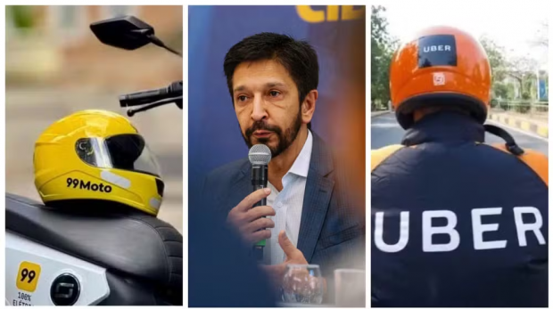 O prefeito Ricardo Nunes (MDB), que conseguiu liminar na Justiça suspendendo os serviços de moto da 99 e da Uber na capital paulista. — Foto: Montagem/g1/Reprodução/Redes Sociais