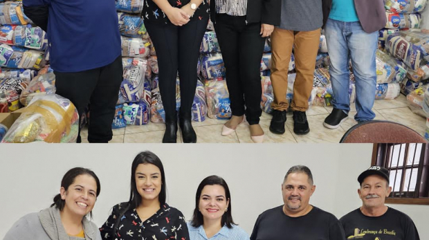 Entrega de cestas básicas em Mairinque – Primeira-dama Karina Thomaz realiza entrega simbólica das cestas a representantes das instituições religiosas, reforçando a união entre poder público e comunidade. Foto: Prefeitura de Mairinque