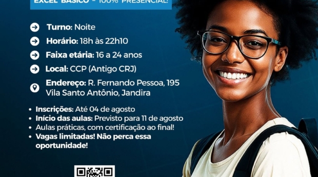 Qualifique-se de graça! Curso de Excel Básico com certificado para jovens de 16 a 24 anos em Jandira! Arte: Prefeitura De Jandira (Redes Sociais/Reprodução)