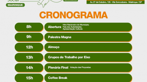 Comunidade e poder público juntos na 11ª Conferência Municipal de Assistência Social para fortalecer políticas de proteção social em Mairinque.Palestras e debates promovem diálogo essencial sobre o futuro da assistência social no município. Arte: Prefeitura de Mairinque 