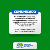 Secretaria de Assistência Social e da Família suspende atendimento nesta sexta-feira (04/07) devido à Conferência Municipal.