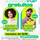 Oportunidade de ouro! Estão abertas as inscrições para cursos GRATUITOS de Auxiliar de Logística e Assistente Administrativo em Vargem Grande Paulista. Aulas presenciais no período da noite. Inscreva-se até 4/8! Arte: Prefeitura de Vargem Grande Paulista - VGP (Redes Sociais/Reprodução)