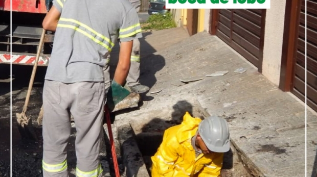#ParaQueTodosPossamVer: na imagem há três trabalhadores com uniformes de segurança atuam na limpeza de uma boca de lobo em uma rua residencial. Um deles, vestido com capa amarela, está dentro da abertura, enquanto os outros dois, com uniforme cinza e faixas reflexivas, auxiliam do lado de fora. Ao fundo, há um caminhão vermelho estacionado e casas com portões marrons. A cena ocorre em um dia ensolarado. Foto: Prefeitura de Carapicuíba (Redes Sociais/Reprodução)