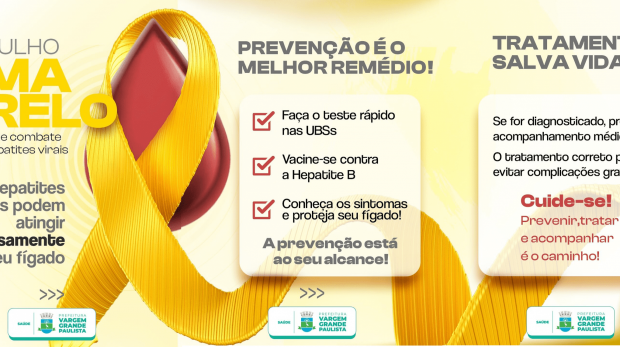 A prevenção começa com informação: cuide do seu fígado, cuide da sua vida. Julho Amarelo: faça o teste, vacine-se e espalhe essa ideia! Arte: Prefeitura de Vargem Grande Paulista - VGP (Redes Sociais/Reprodução)