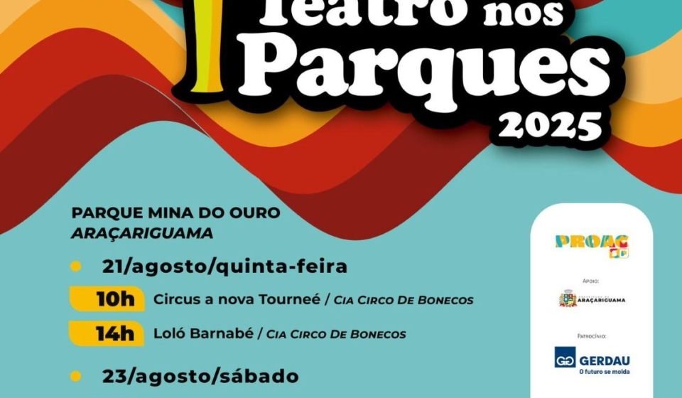 Espetáculo gratuito “O Concerto da Lona Preta” será apresentado neste sábado no Parque da Mina. Teatro nos Parques leva arte e cultura para toda a família em apresentações abertas ao público. Foto: Prefeitura De Araçariguama (Redes Sociais/Reprodução)
