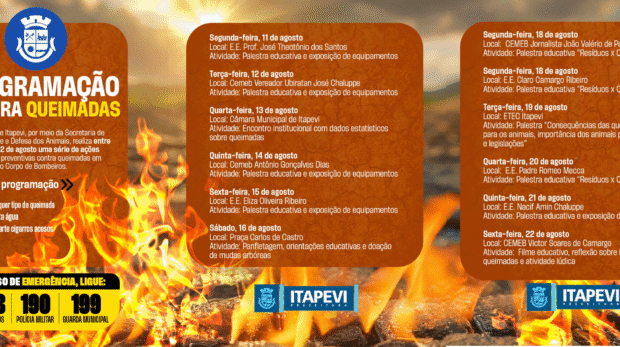 Campanha Contra Queimadas Urbanas | 11 a 22 de agosto
A Prefeitura, em parceria com o Corpo de Bombeiros, reforça o alerta: queimada urbana é crime e ameaça a saúde e o meio ambiente! Montagem - Prefeitura De Itapevi (Redes Sociais/Reprodução)
