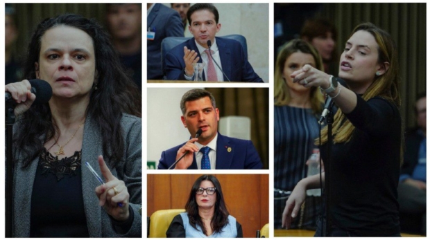 As vereadoras Janaína Paschoal (PP) e Zoe Martinez (PL) - que bateram boca no plenário na semana passada - e os vereadores Rubinho Nunes (União), Gabriel Abreu (Podemos) e Silvia Ferraro (PSOL), que desistiram da viagem à NY. — Foto: Montagem/g1/Reprodução/Rede Câmara