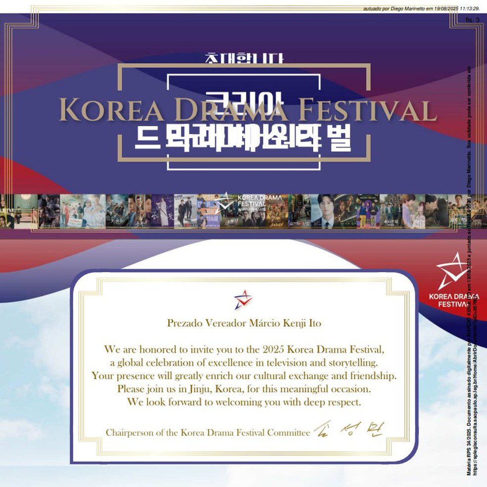 Convite do Korea Drama Festival ao vereador Kenji Ito (Podemos) — Foto: Câmara Municipal de São Paulo