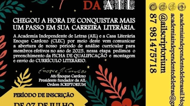 A Academia Independente de Letras é uma instituição voltada à valorização da literatura e da cultura brasileira, promovendo ações de reconhecimento, publicações coletivas, eventos literários e intercâmbio entre escritores de diferentes regiões. Foto: Ail Ordem Scriptorium - Academia Independente de Letras (Redes Sociais) Reprodução)