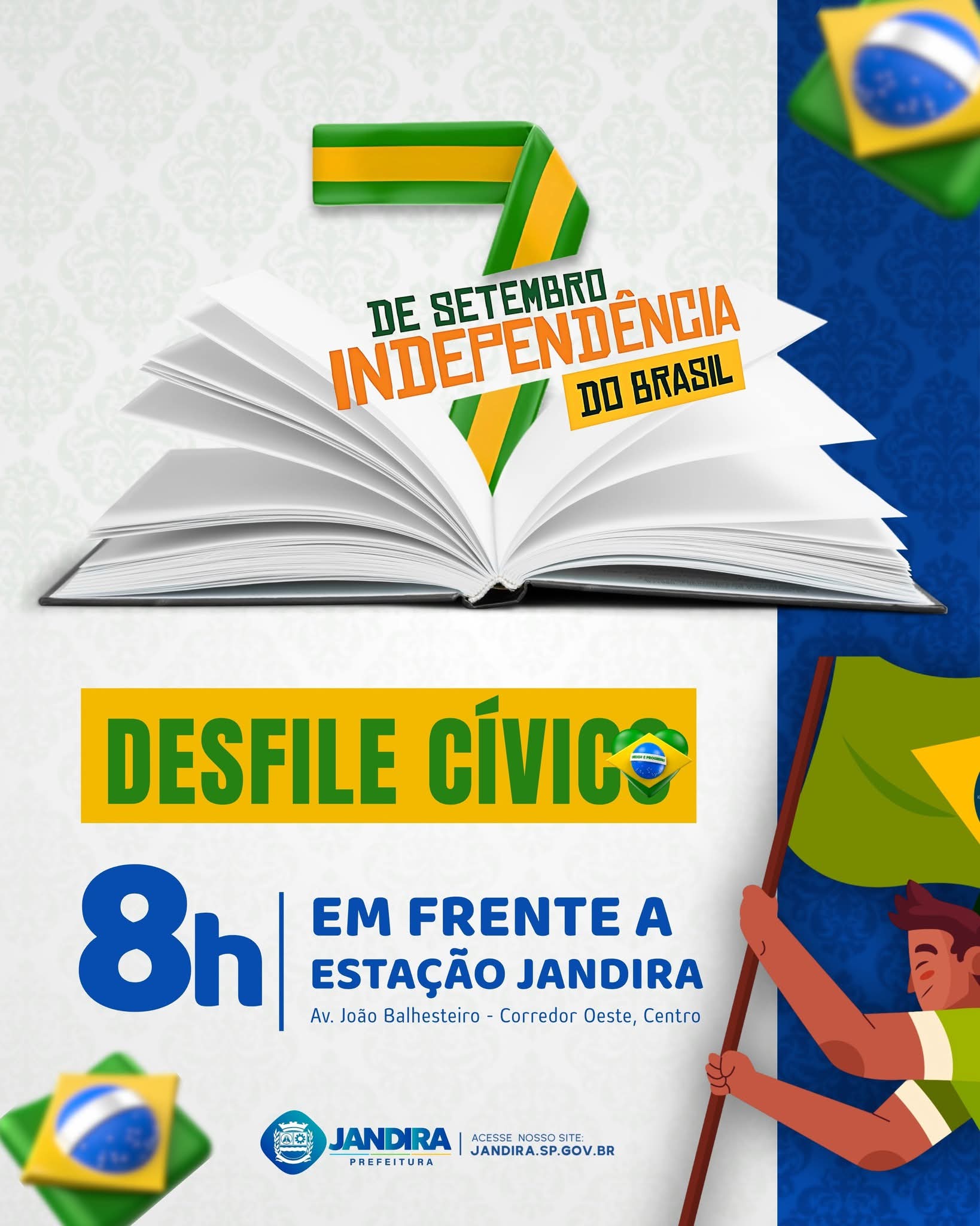 Cidadãos e instituições de Jandira se reúnem para celebrar o 7 de Setembro com o tradicional Desfile Cívico, em um momento de orgulho e união pela Independência do Brasil. Arte: Prefeitura De Jandira (Redes Sociais/Reprodução)