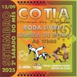 Capoeiristas e sambistas animam a Praça Joaquim Nunes durante o evento ‘Cotia Herança das Tradições’, celebrando a cultura afro-brasileira com roda livre, samba de roda e manifestações tradicionais. Foto: Prefeitura De Cotia