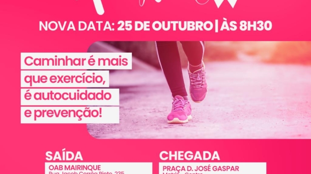 5ª Caminhada Rosa de Mairinque adiada para 25/10 por segurança e bem-estar dos participantes. Participe da Caminhada Rosa: um ato de prevenção, amor e autocuidado para toda a comunidade. Foto: Prefeitura De Mairinque