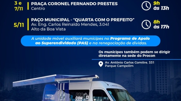 O Procon Móvel de Sorocaba estará em diferentes pontos da cidade na próxima semana para atendimento ao público e auxílio em renegociação de dívidas Foto: Prefeitura De Sorocaba (Redes Sociais/Reprodução)