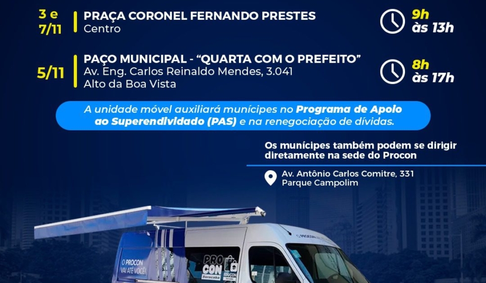 O Procon Móvel de Sorocaba estará em diferentes pontos da cidade na próxima semana para atendimento ao público e auxílio em renegociação de dívidas Foto: Prefeitura De Sorocaba (Redes Sociais/Reprodução)
