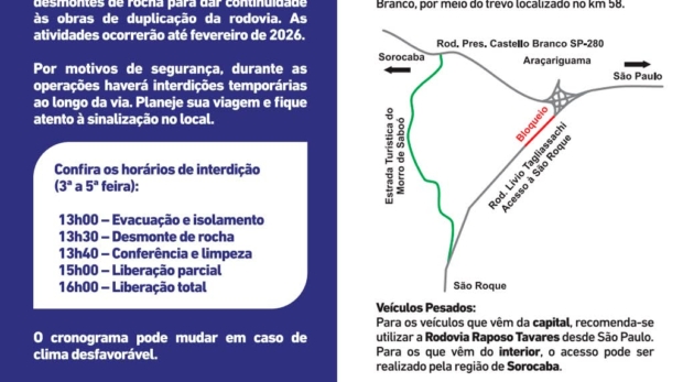 Obras de duplicação da Rodovia Lívio Tagliassachi seguem em ritmo avançado em São Roque. Nesta quinta (13), ViaOeste realiza nova etapa do desmonte de rochas no km 1. Foto: Prefeitura De Araçariguama (Redes Sociais/Reprodução)
