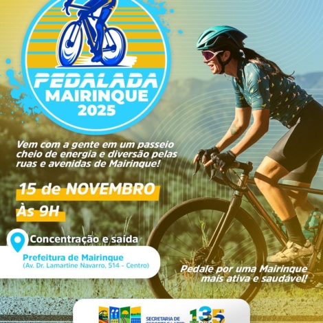 Prepare a bicicleta e venha participar do Pedala Mairinque 2025! O passeio ciclístico será realizado no dia 15 de novembro, com saída às 9h, em frente à Prefeitura. Um evento gratuito para todas as idades, promovendo lazer, saúde e integração entre os participantes. Foto: Prefeitura De Mairinque