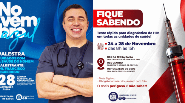 Araçariguama reforça a importância da prevenção com palestra e testes rápidos durante a semana de ações da Saúde. Montagem Prefeitura De Araçariguama (Redes Sociais/Reprodução)