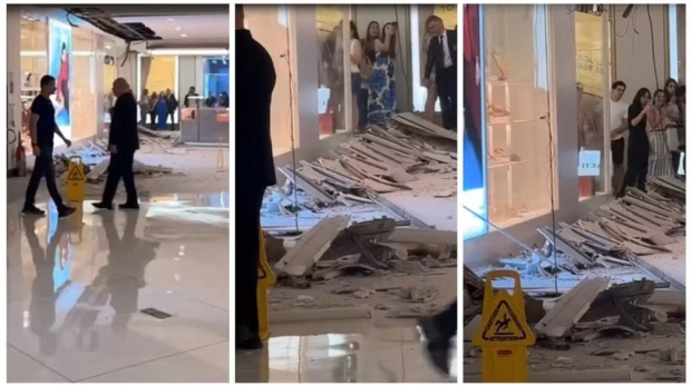 Teto desabou em frente a uma loja de sapatos no Shopping Iguatemi — Foto: Montagem/g1/Reprodução