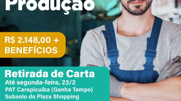Prefeitura de Carapicuíba anuncia vagas para auxiliar de linha de produção com salário de R$ 2.148, benefícios e encaminhamento até 23 de fevereiro. Foto: Prefeitura De Carapicuíba (Redes Sociais/ Reprodução)