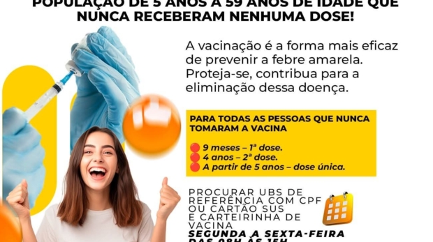 Vacinação contra febre amarela está disponível nas unidades de saúde de Araçariguama para pessoas de 5 a 59 anos que ainda não receberam a dose. Foto: Prefeitura De Araçariguama (Redes Sociais/ Reprodução)