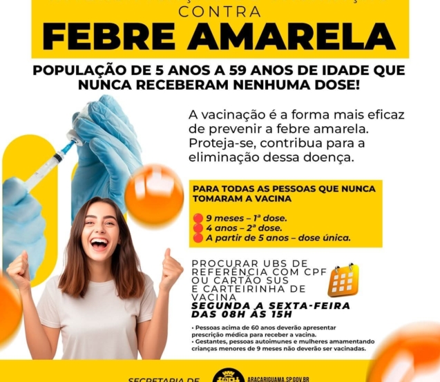 Vacinação contra febre amarela está disponível nas unidades de saúde de Araçariguama para pessoas de 5 a 59 anos que ainda não receberam a dose. Foto: Prefeitura De Araçariguama (Redes Sociais/ Reprodução)
