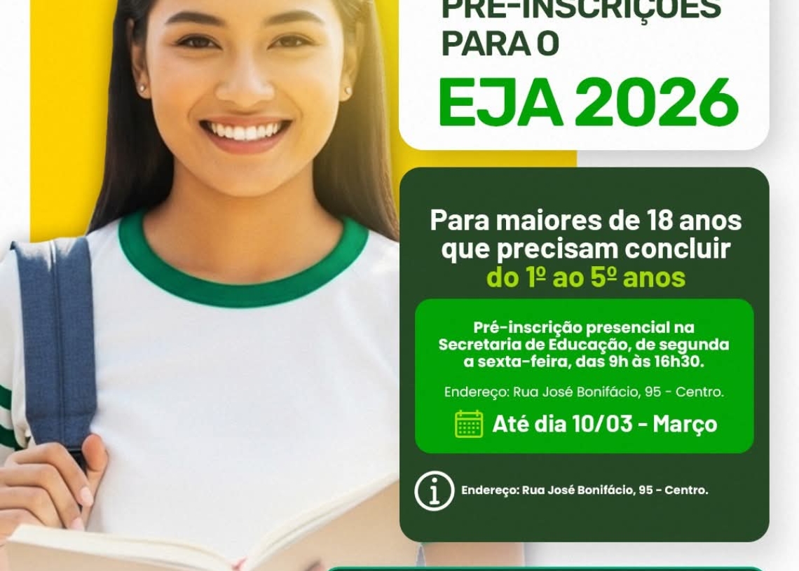 A Prefeitura de Pirapora do Bom Jesus está com pré-inscrições abertas para o EJA 2026, destinado a jovens e adultos de Pirapora do Bom Jesus que desejam concluir o Ensino Fundamental. Foto: Prefeitura De Pirapora Pirapora Do Bom Jesus (Redes Sociais/Reprodução)