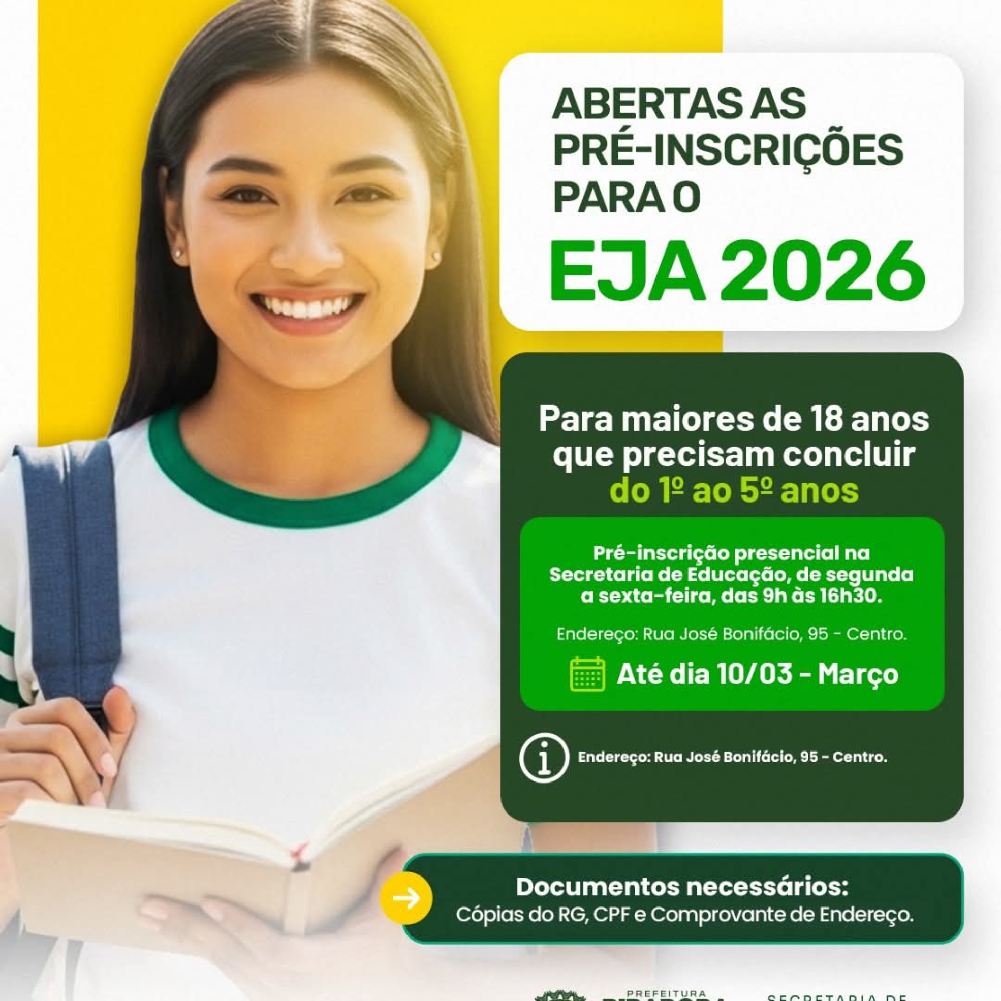 A Prefeitura de Pirapora do Bom Jesus está com pré-inscrições abertas para o EJA 2026, destinado a jovens e adultos de Pirapora do Bom Jesus que desejam concluir o Ensino Fundamental. Foto: Prefeitura De Pirapora Pirapora Do Bom Jesus (Redes Sociais/Reprodução)