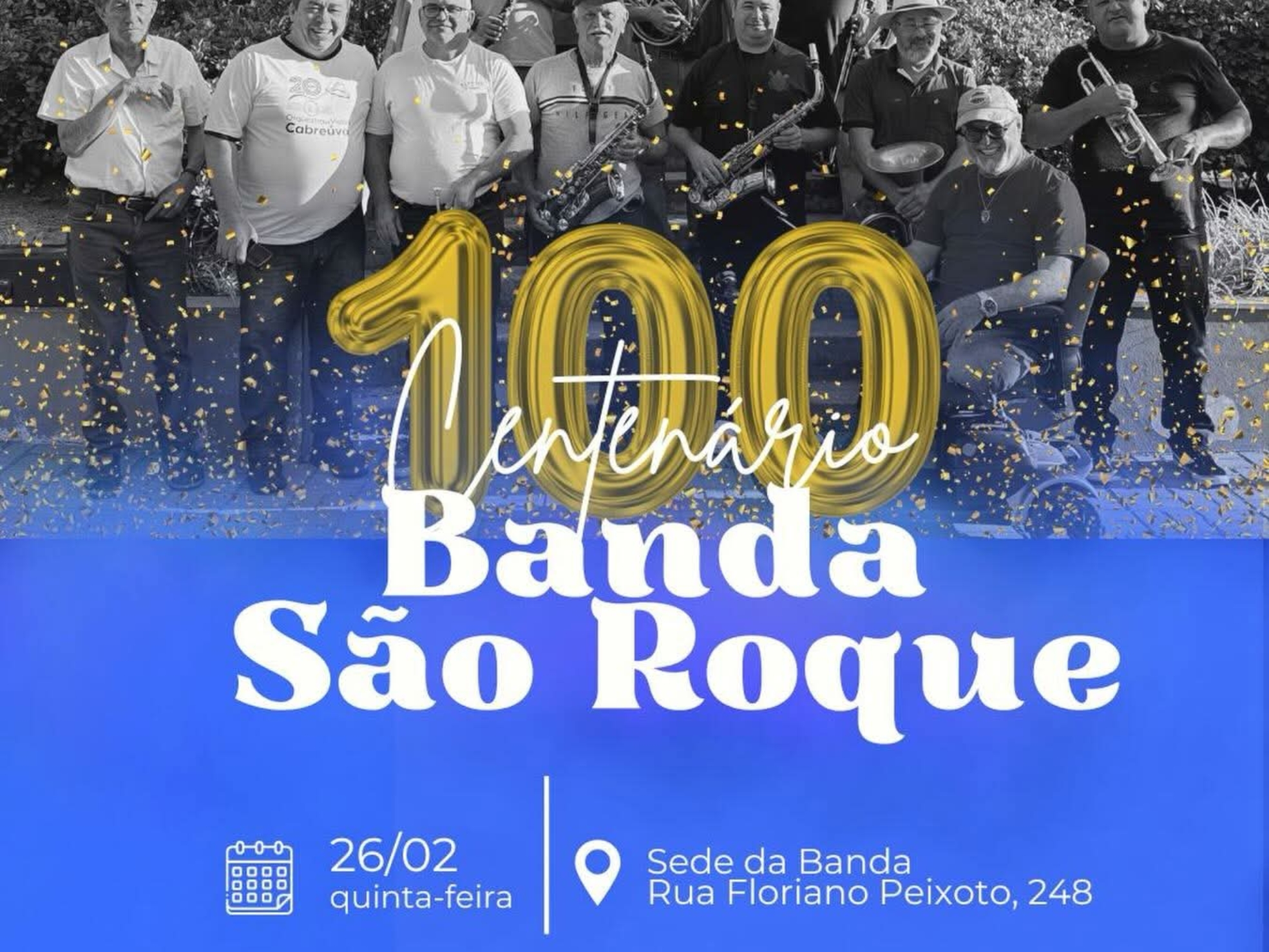 A Banda São Roque celebra 100 anos de história com programação especial na sede, reunindo música, tradição e a comunidade de Cabreúva. Foto: Prefeitura De Cabreúva (Redes Sociais/ Reprodução)