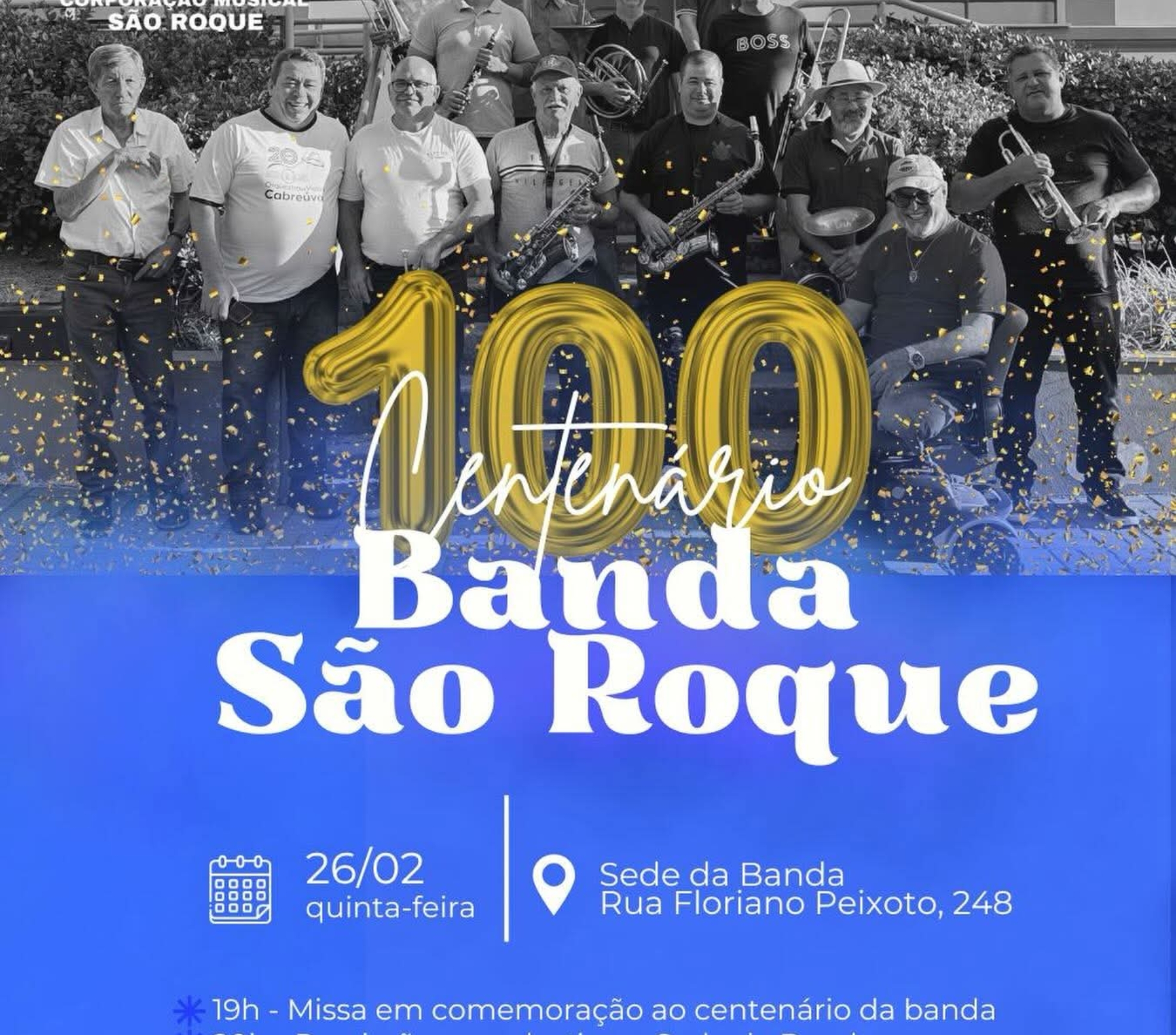 A Banda São Roque celebra 100 anos de história com programação especial na sede, reunindo música, tradição e a comunidade de Cabreúva. Foto: Prefeitura De Cabreúva (Redes Sociais/ Reprodução)