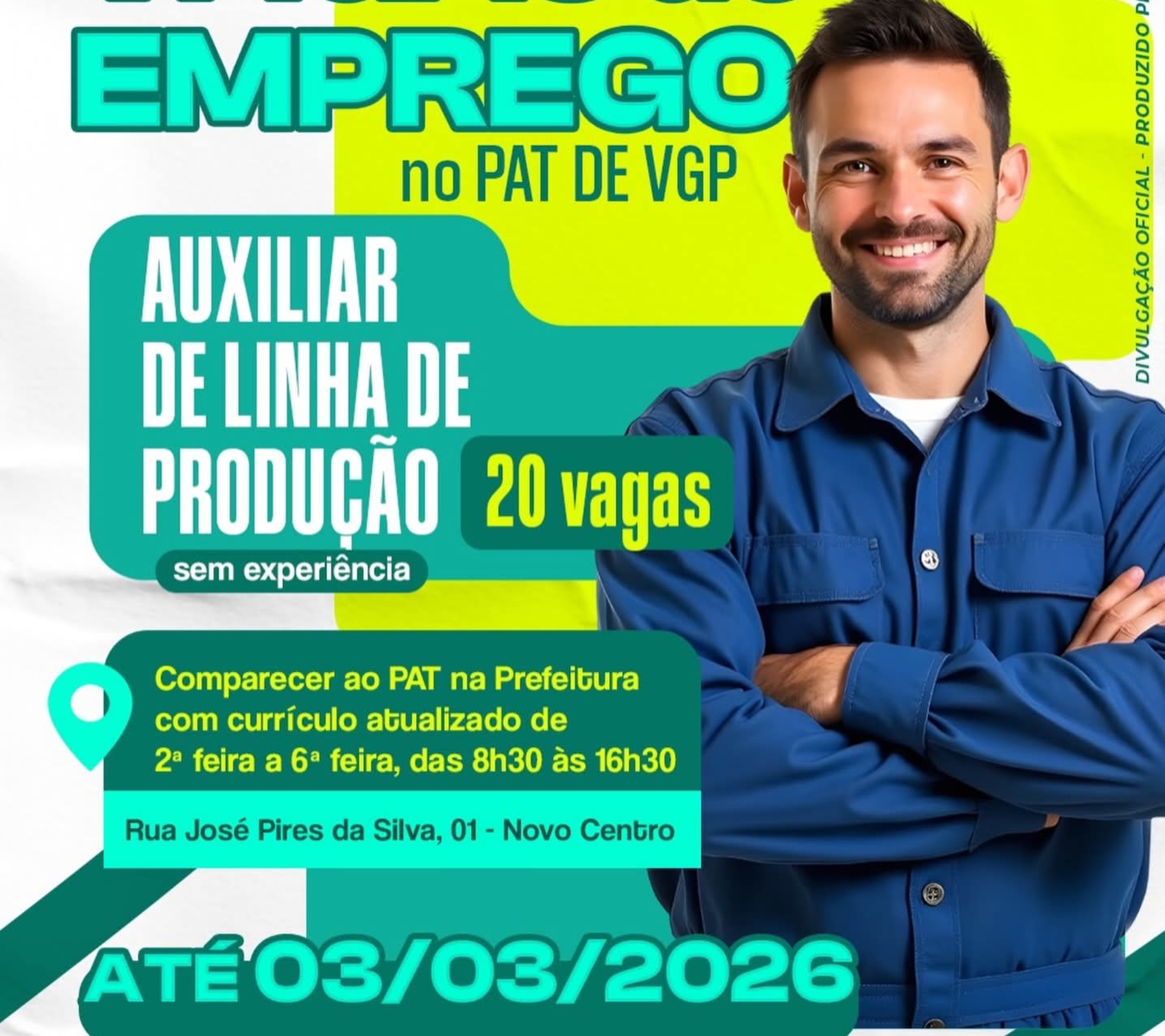 PAT de Vargem Grande Paulista oferece 20 vagas para Auxiliar de Linha de Produção. Foto: Prefeitura De Vargem Grande Paulista - VGP (Redes Sociais/Reprodução)